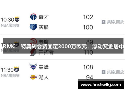 RMC：特奥转会费固定3000万欧元，浮动奖金居中