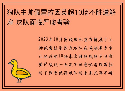 狼队主帅佩雷拉因英超10场不胜遭解雇 球队面临严峻考验